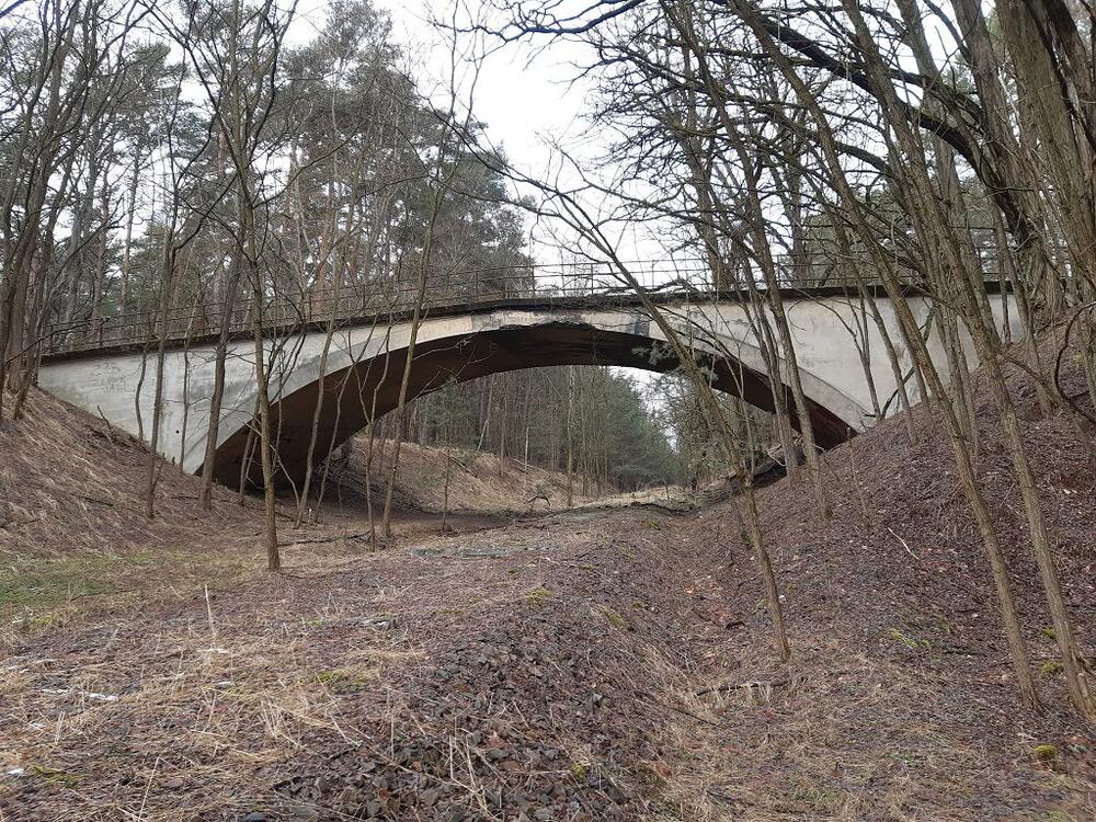 Brücke im Jahr 2021, sanierungsbedürftige Bogenbrücke nördlich von Jamlitz